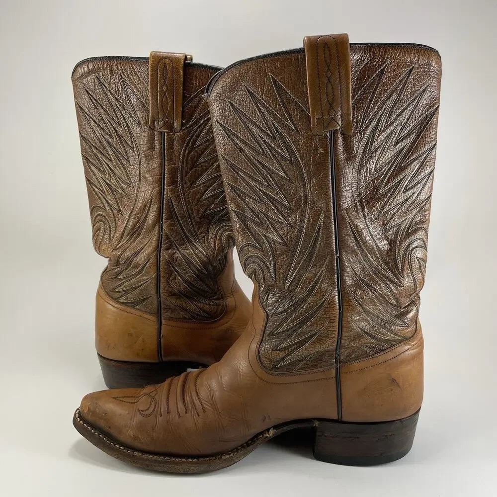Dan Post 6154 Western Boots Mens Size 9 Pointed J Toe, Flame Embroidery Tan VTG
